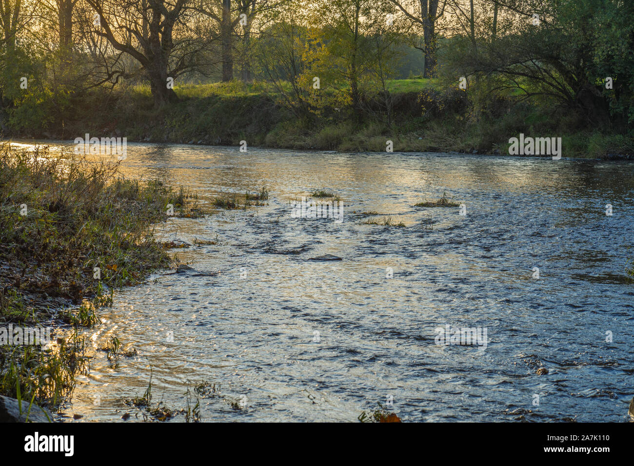 La banca del fiume Sieg in serata. Scena in ottobre sera sun. Foto Stock