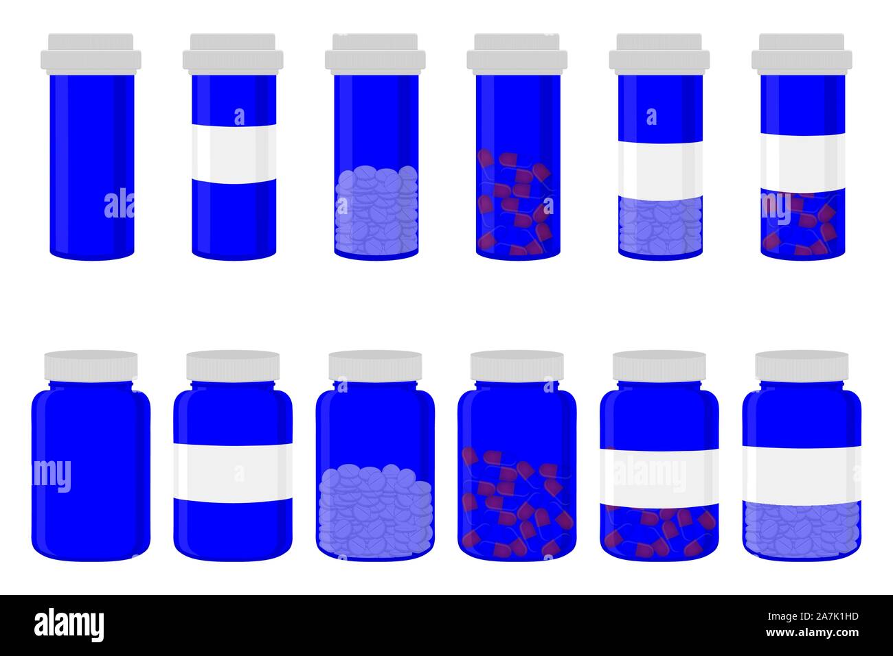 Illustrazione sul tema grande set di colori diversi tipi di pillole all'interno di chiudere il vaso. Pillola disegno costituito da vasi di raccolta con il controllo di qualità chiudi Illustrazione Vettoriale