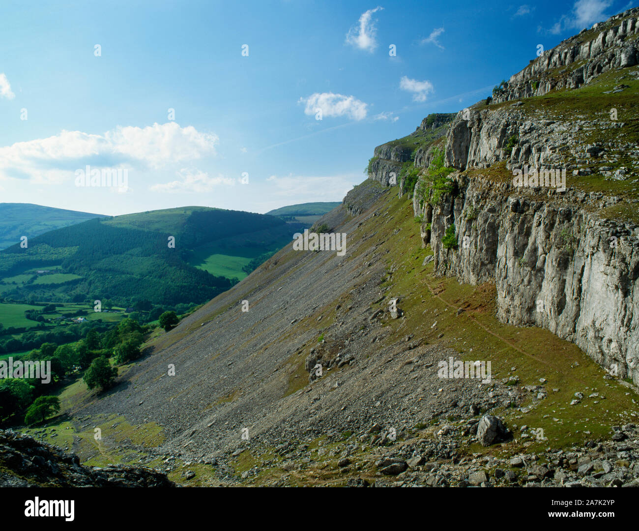 Visualizzare nno cercando lungo Creigiau Eglwyseg carbonifero scarpata di calcare NE di Llangollen, Denbighshire, Wales, Regno Unito, dal di sopra Rock Farm. Foto Stock
