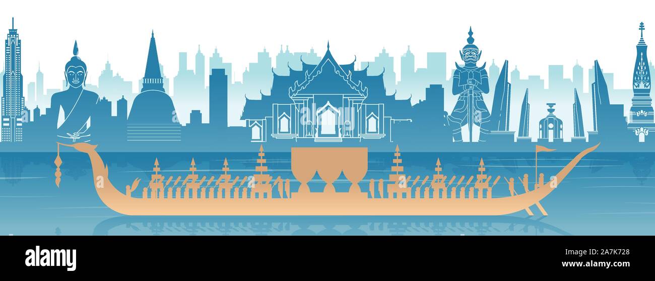 Thailandia famoso punto di riferimento nel panorama del design e Royal Thai barca silhouette design in blu e giallo arancio color,illustrazione vettoriale Illustrazione Vettoriale