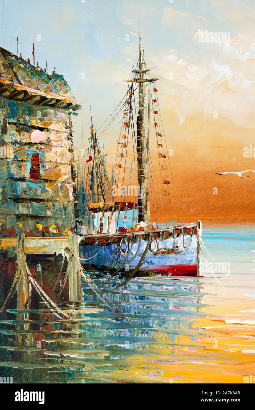 Frammento di pittura con una spessa pennellata di vernice e una spatola che illustra i dettagli di barche di pescatori e baracche in un porto Foto Stock