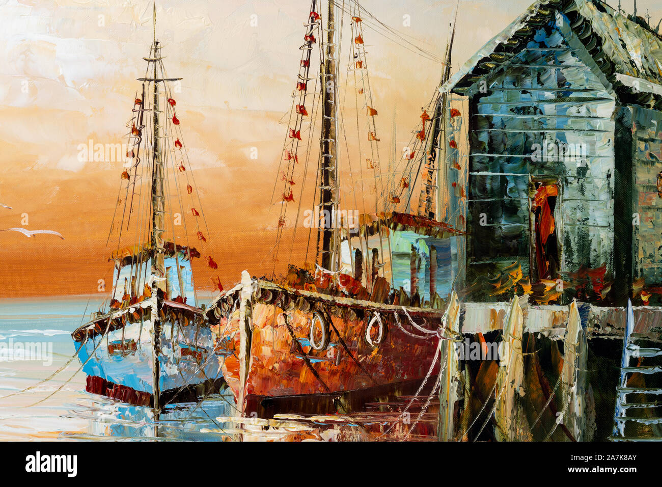 Frammento di pittura con una spessa pennellata di vernice e una spatola che illustra i dettagli di barche di pescatori e baracche in un porto Foto Stock
