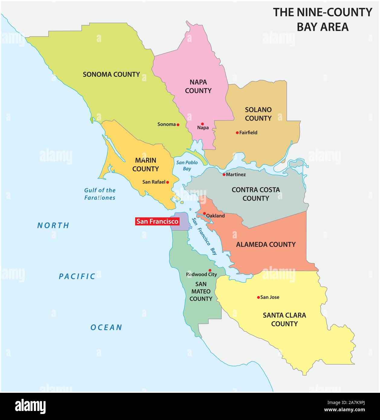 Mappa amministrativa della regione della California San Francisco Bay Area Illustrazione Vettoriale