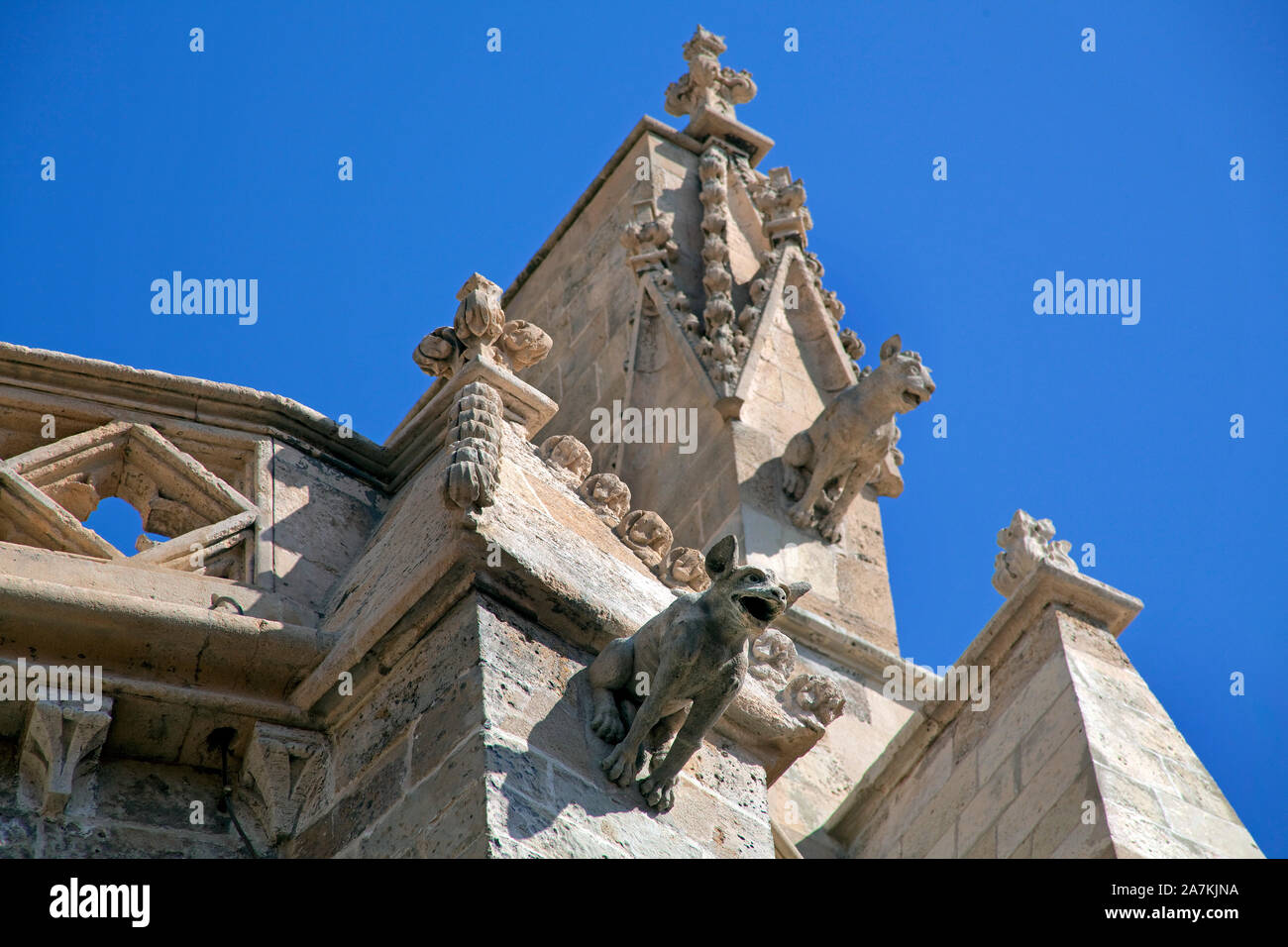 Mitiche creature di pietra sulla sommità della cattedrale La Seu, Palma, Palma de Mallorca, Maiorca, isole Baleari, Spagna Foto Stock