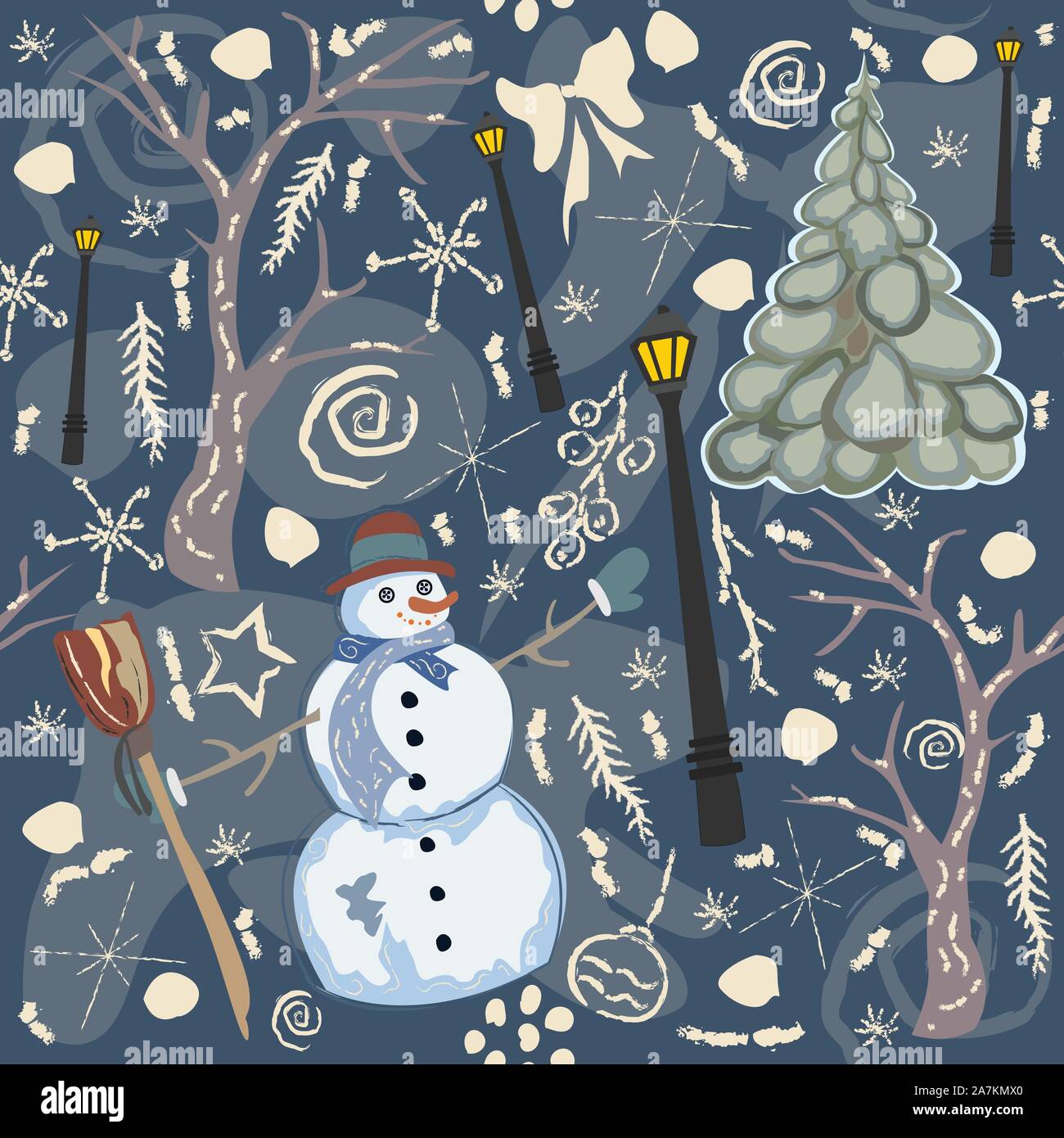 Seamless Pattern invernale con pupazzo di neve e abeti. Illustrazione Vettoriale Illustrazione Vettoriale