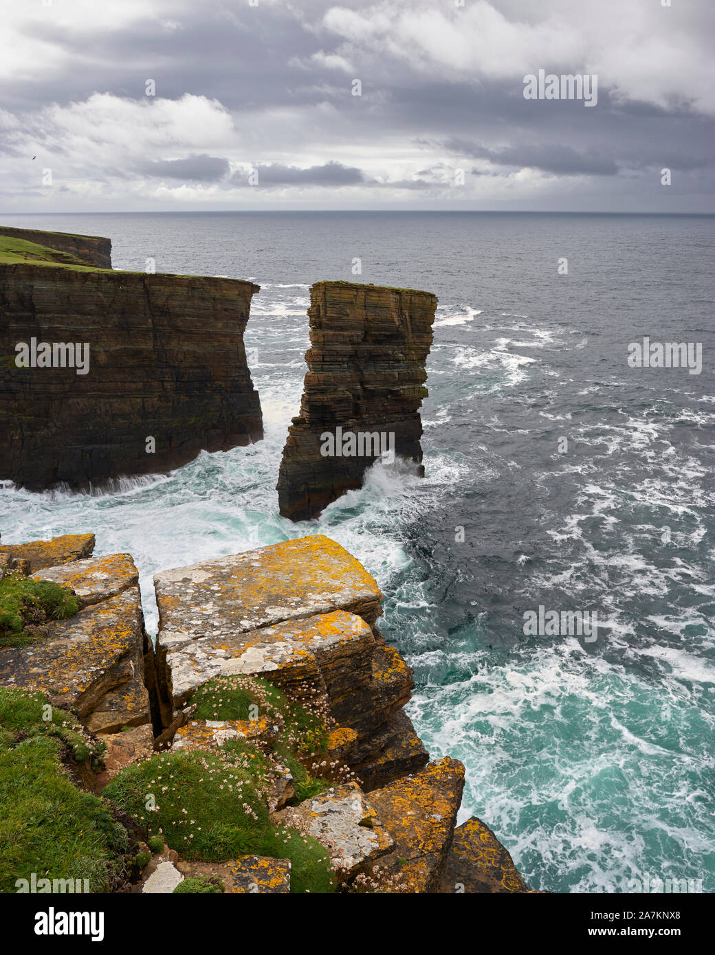 A nord mare Gaulton stack, Yesnaby, Continentale, Orkney, Scozia Foto Stock