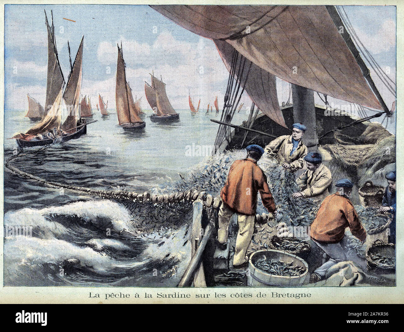 Pecheurs de la sardina le long des cotes de Bretagne. Il rotocalco in "Le Petit Parisien", le 01/02/1903. Foto Stock