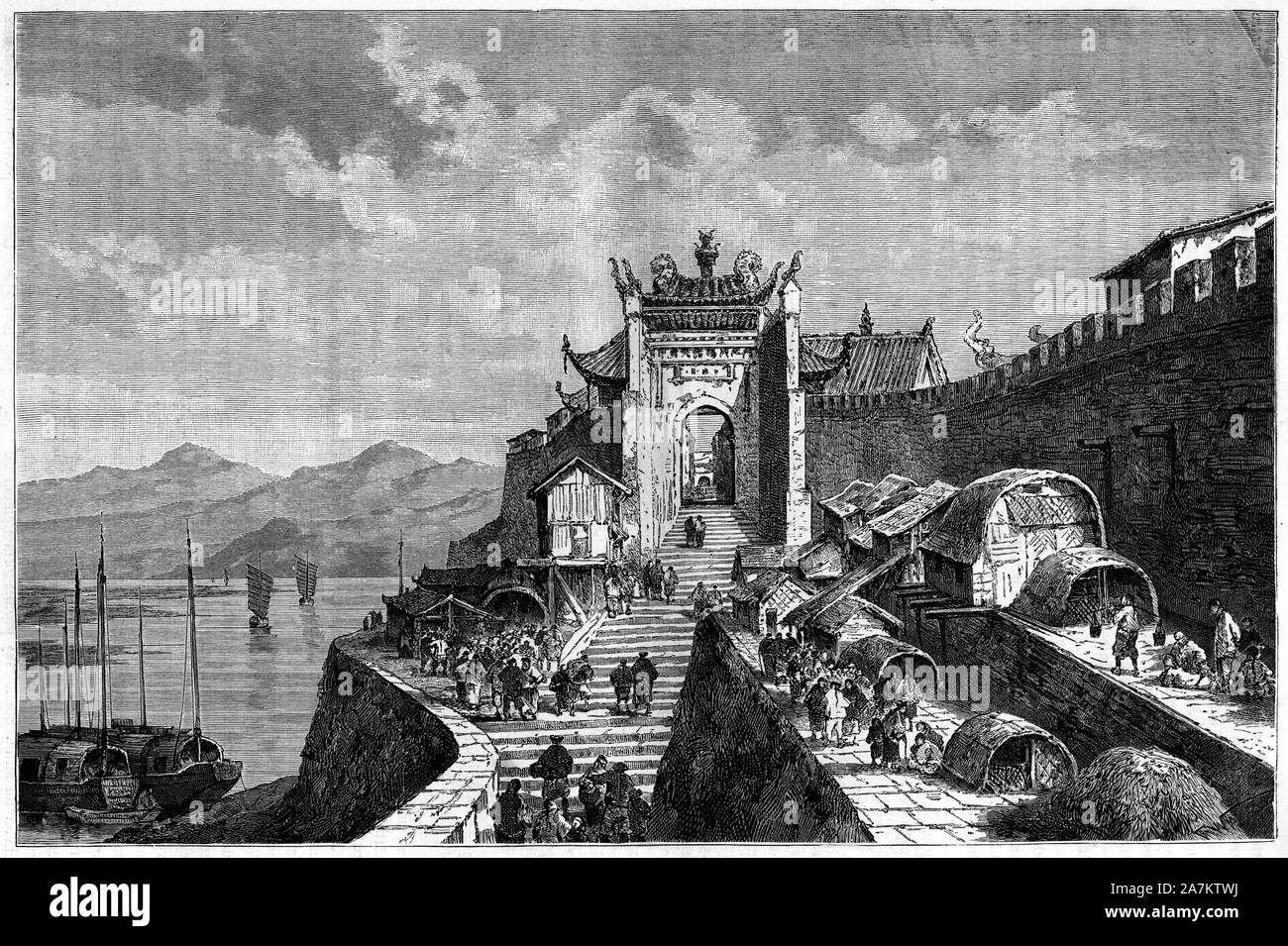 Vue de la Porte de Shanghai au Bord du Fleuve Huangpu, en Chine dans les annees 1870-1880. Il rotocalco d'apres onu dessin de Weber, "in Le Tour du Monde, N Foto Stock