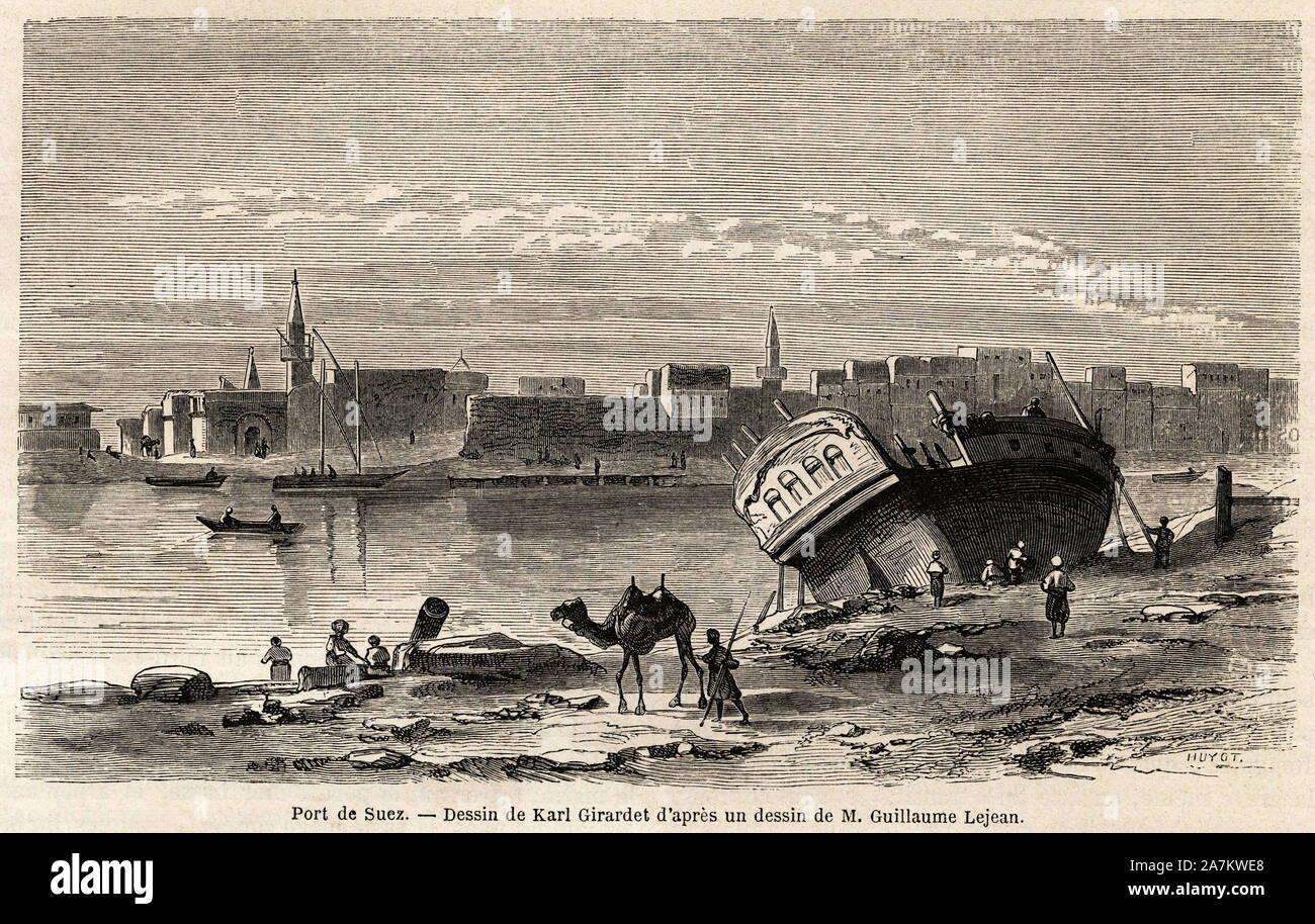 Le port de Suez ( Egypte), dessin de Karl Girardet (1813-1871) pour illustrer le Voyage en Afrique orientale, en1860, de Guillaume Lejean ( 1824-1871) Foto Stock
