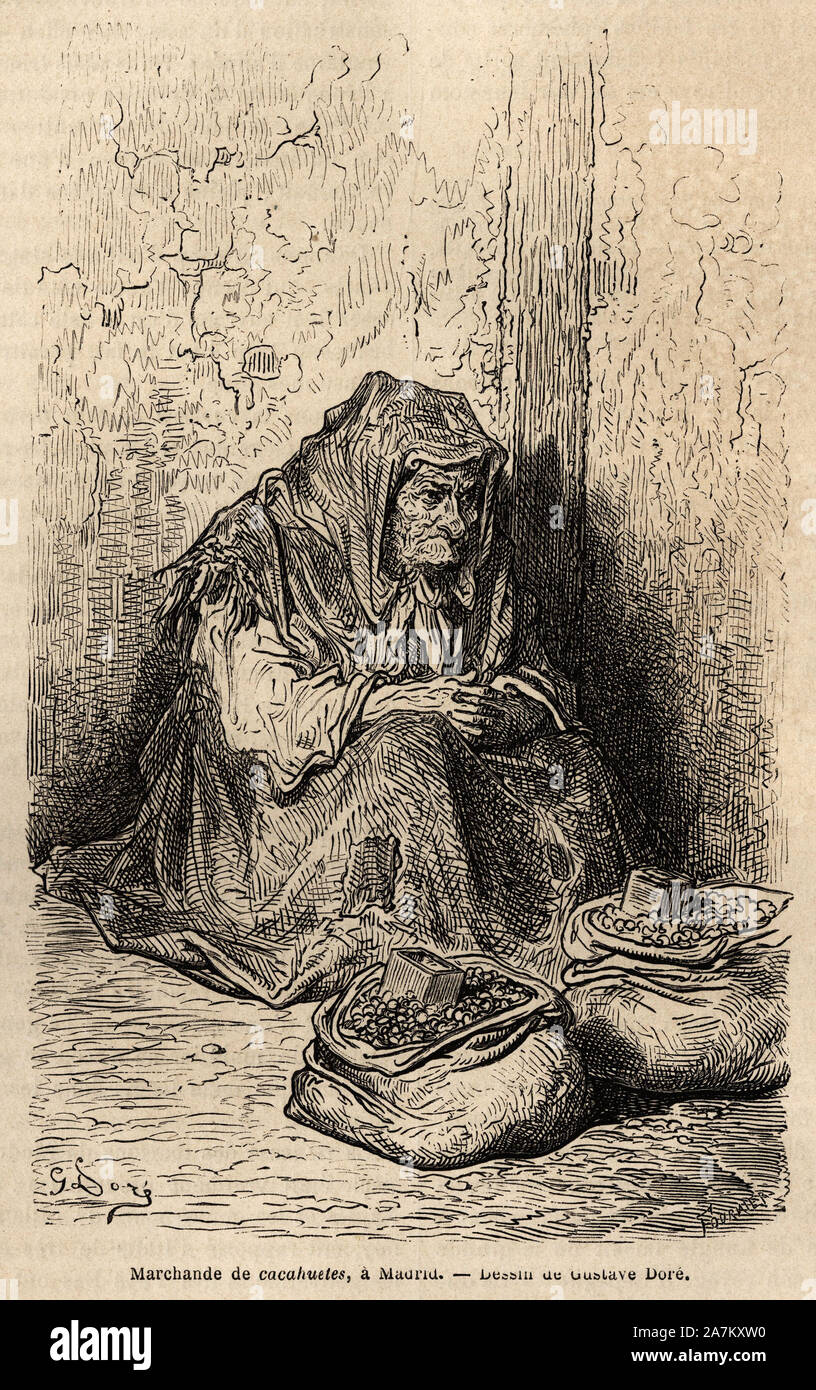 Une marchande de cacahuetes, croquis sur le vif dans la puerta del sol, a Madrid. Il rotocalco de Gustave Dore ( 1832-1883) pour illustrer son Voyage en es Foto Stock