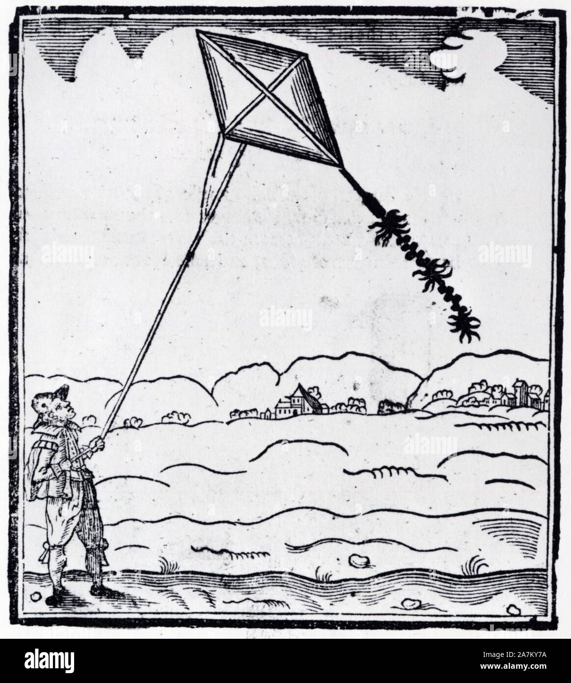 Gravure sur bois.1634.un cerf-volant en losange porteur de pétards Foto Stock
