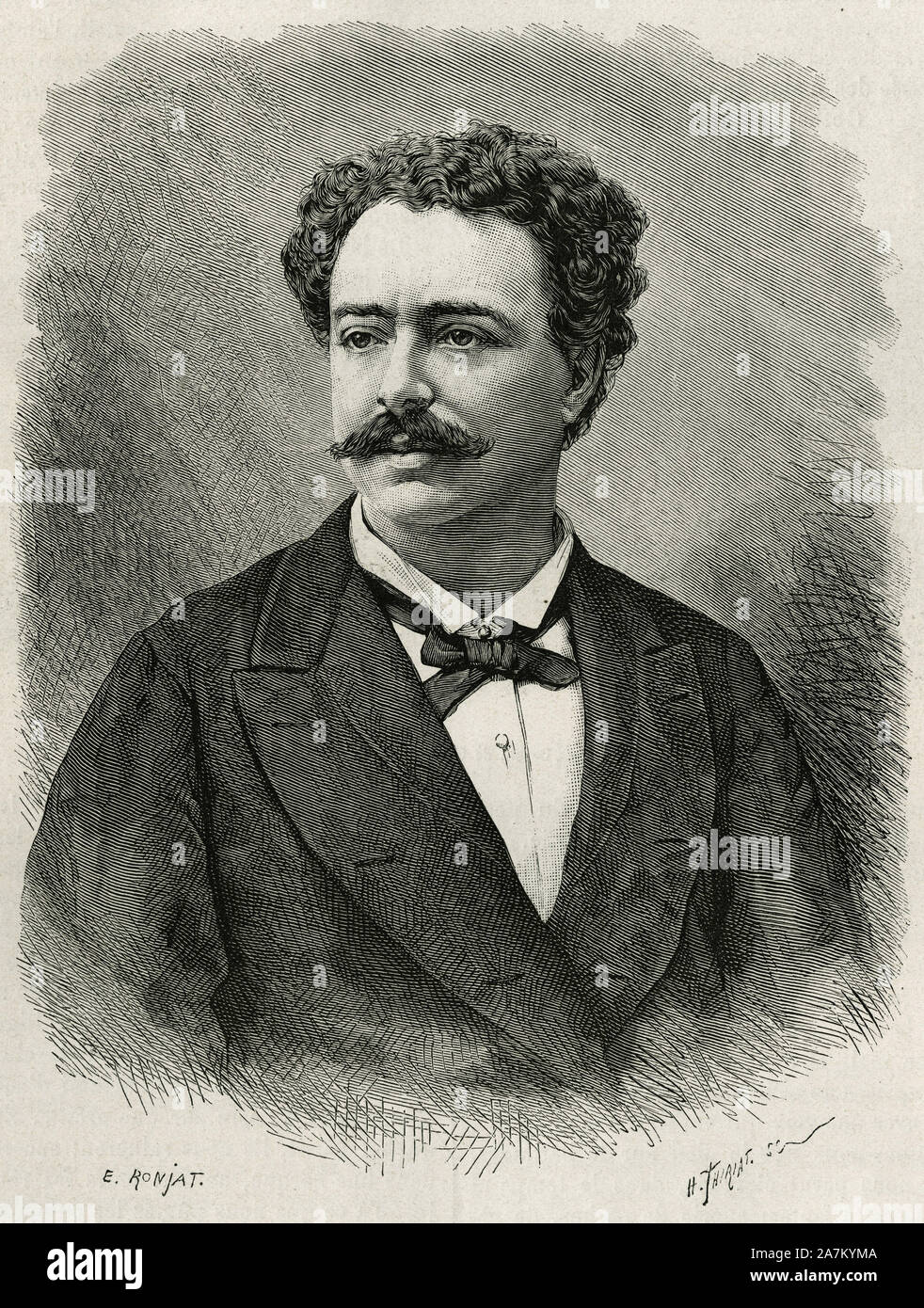 Portrait de l'auteur et voyageur Edmondo de Amicis (1846-1908), ecrivain italien, rotocalcografia de E.Ronjat, pour illustrer le recit le Maroc par Edmondo de Foto Stock