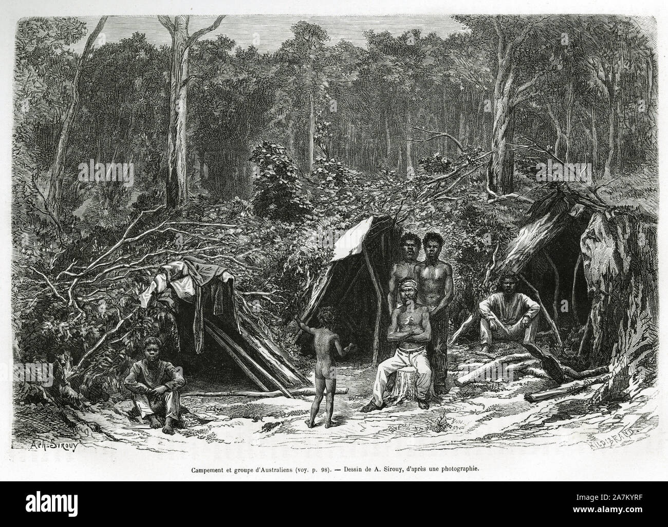 Campement et groupe d'Australiens aborigenes, rotocalcografia d'apres onu dessin de A.Sirouy, pour illustrer le recit sei mois en Australie, par desiderio a Charnay Foto Stock