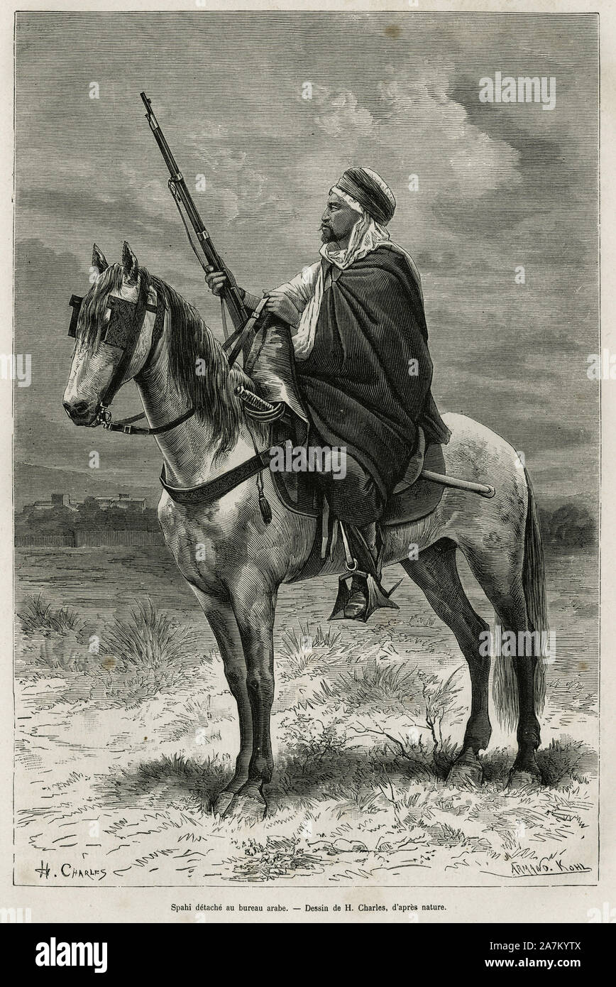Spahi, cavalier efficace et redoute contribuant a la conquete de l' Algerie, au service de la France, si staccano au bureau arabe, rotocalcografia d'apres onu dessi Foto Stock