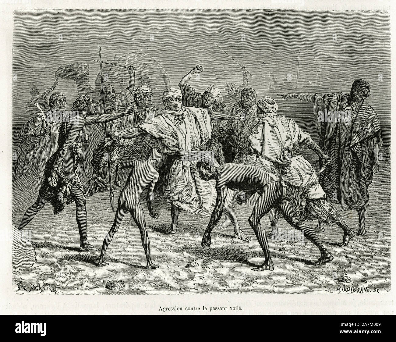 Agression contre onu passant voile, selon la coutume des Toubous en voyage, ce voyageur inoffensif eveille la crainte des habitants du Tibesti qui se r Foto Stock