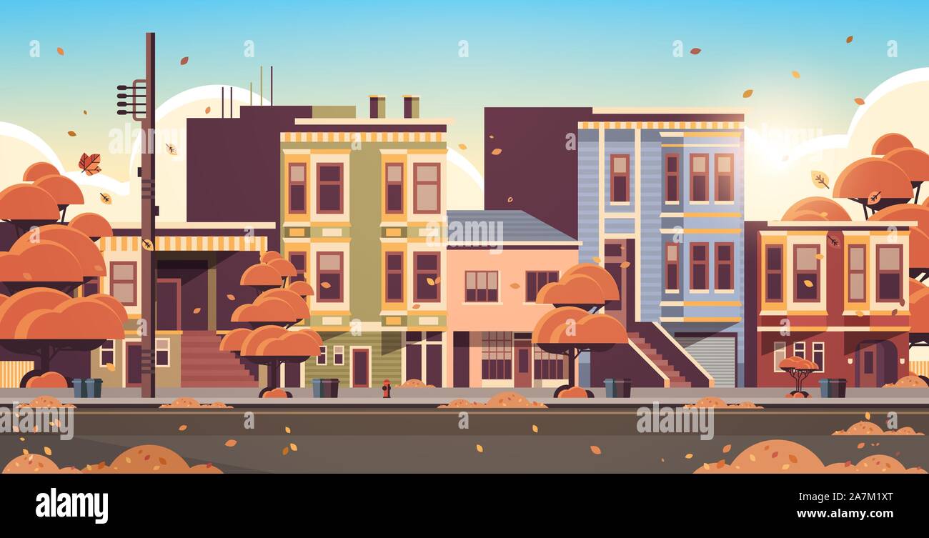 Città costruire case esterno moderna cittadina street in autunno tramonto cityscape sfondo piatto orizzontale illustrazione vettoriale Illustrazione Vettoriale