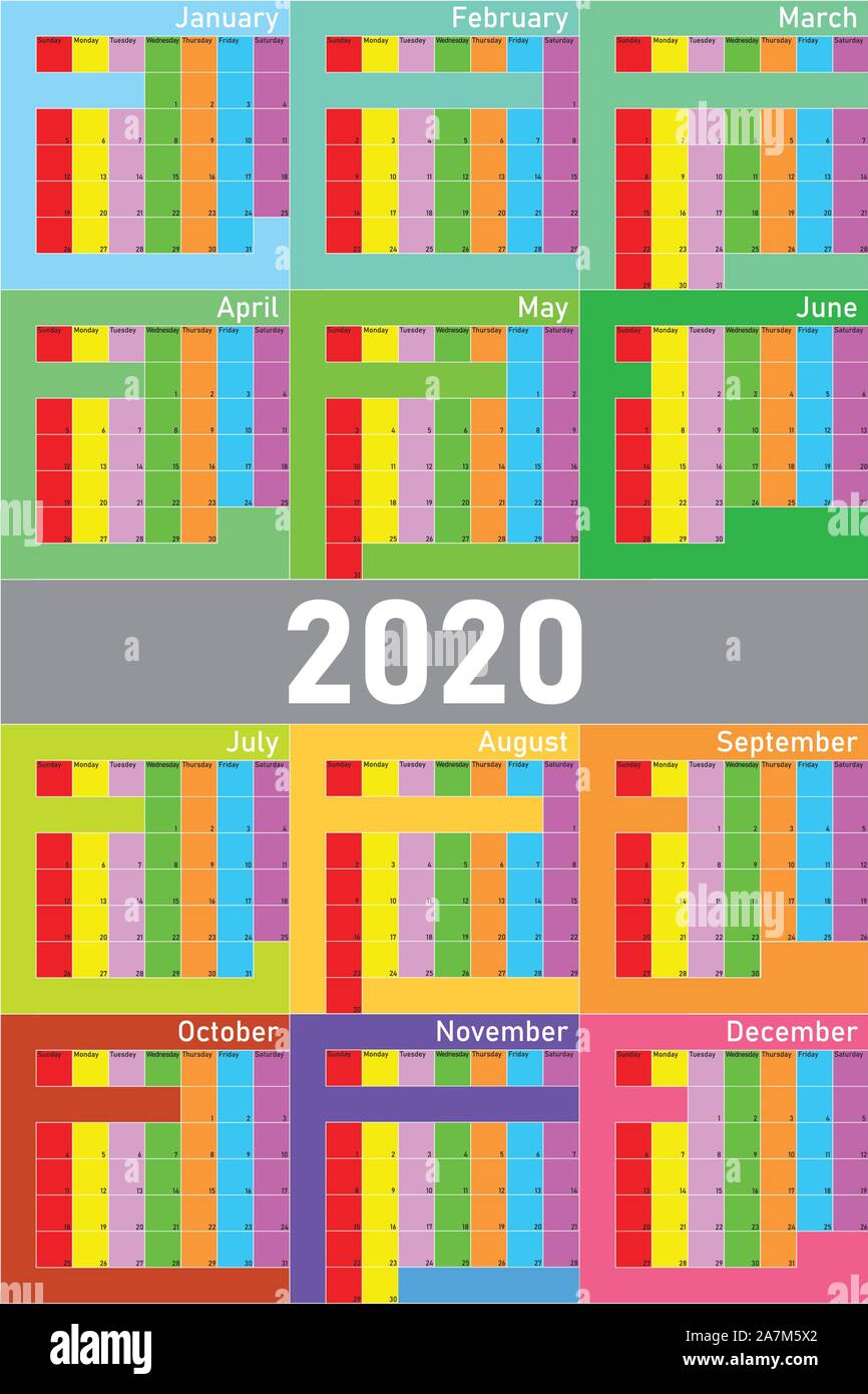 Calendario 2020 ruspa organizzatore grande spazio modificabile il colore per i giorni feriali e il mese Illustrazione Vettoriale