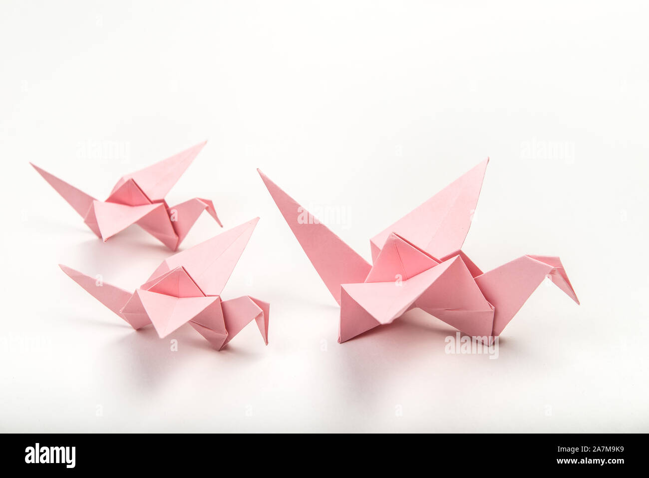 Origami uccelli famiglia su sfondo bianco. Giapponese carta ripiegata swan Foto Stock