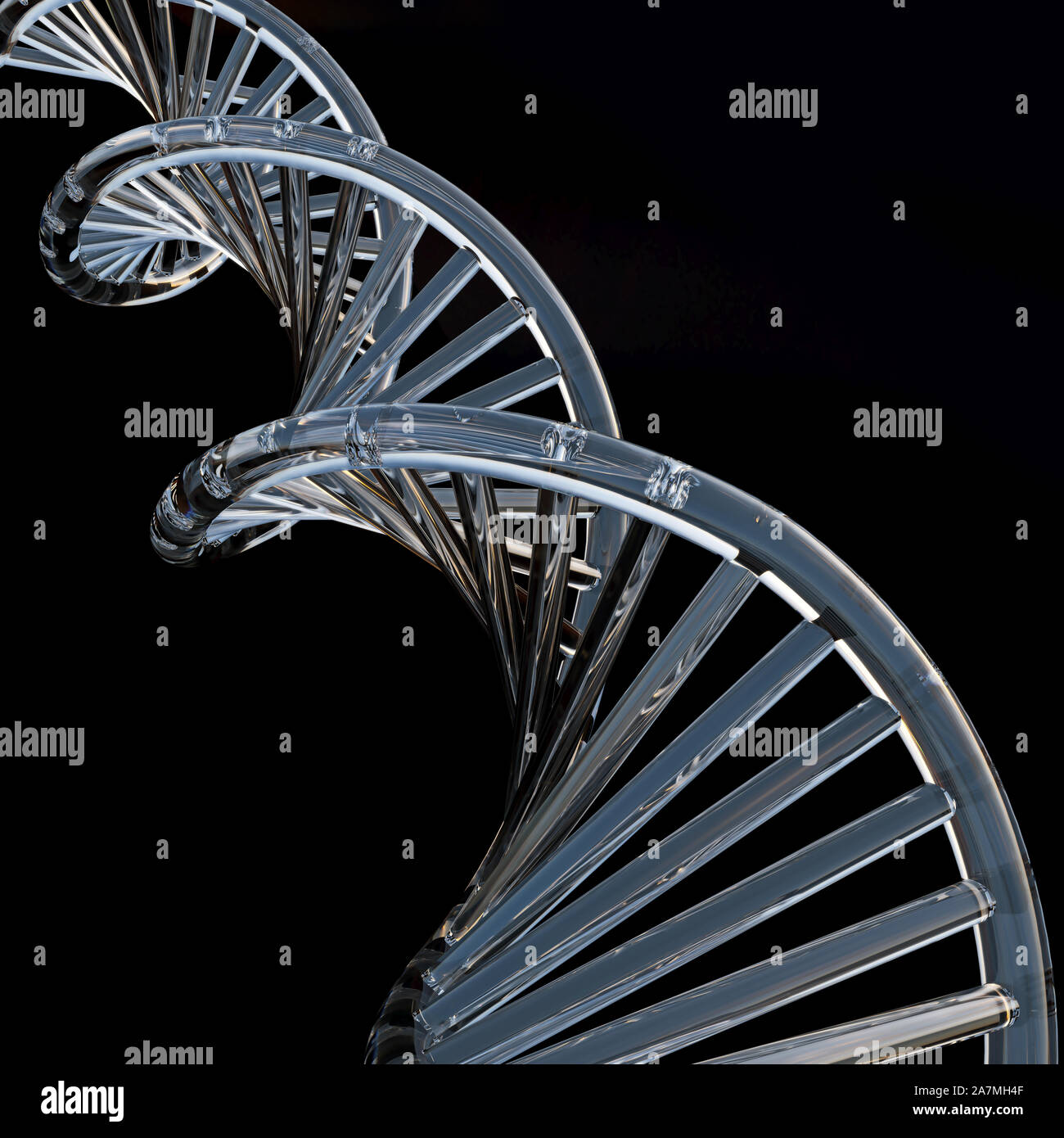 Catena di DNA spirale in diamond like materiale trasparente, isolato su sfondo nero, concetto di ingegneria genetica, la ricerca, il rendering 3d, 3d illust Foto Stock