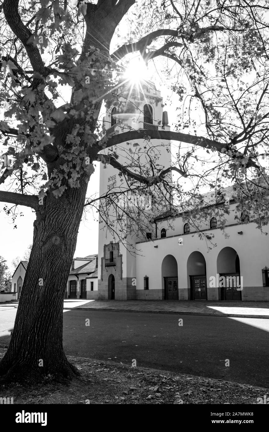 Visualizzazione bianco e nero del treno di Boise depot con autumn tree Foto Stock