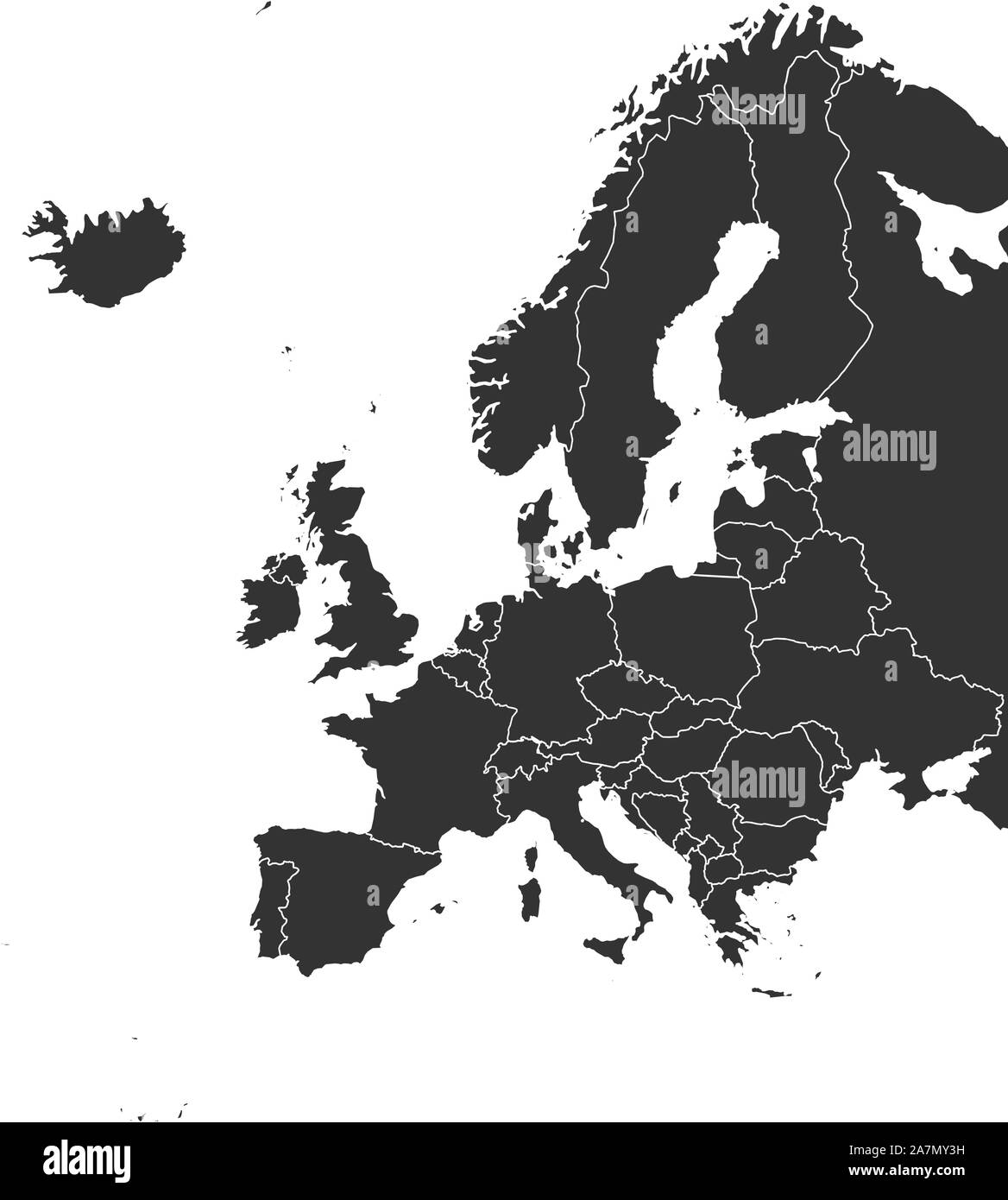 Moderno continente europeo con i paesi mappa politico illustrazione vettoriale. Colore nero. Mappa dell'Europa. Illustrazione Vettoriale