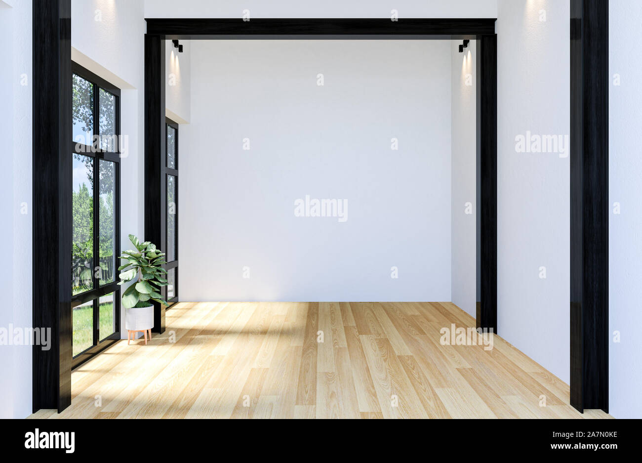 Interno della moderna sala vuota Open Space con ampia finestra e pavimento in legno duro, rendering 3D Foto Stock