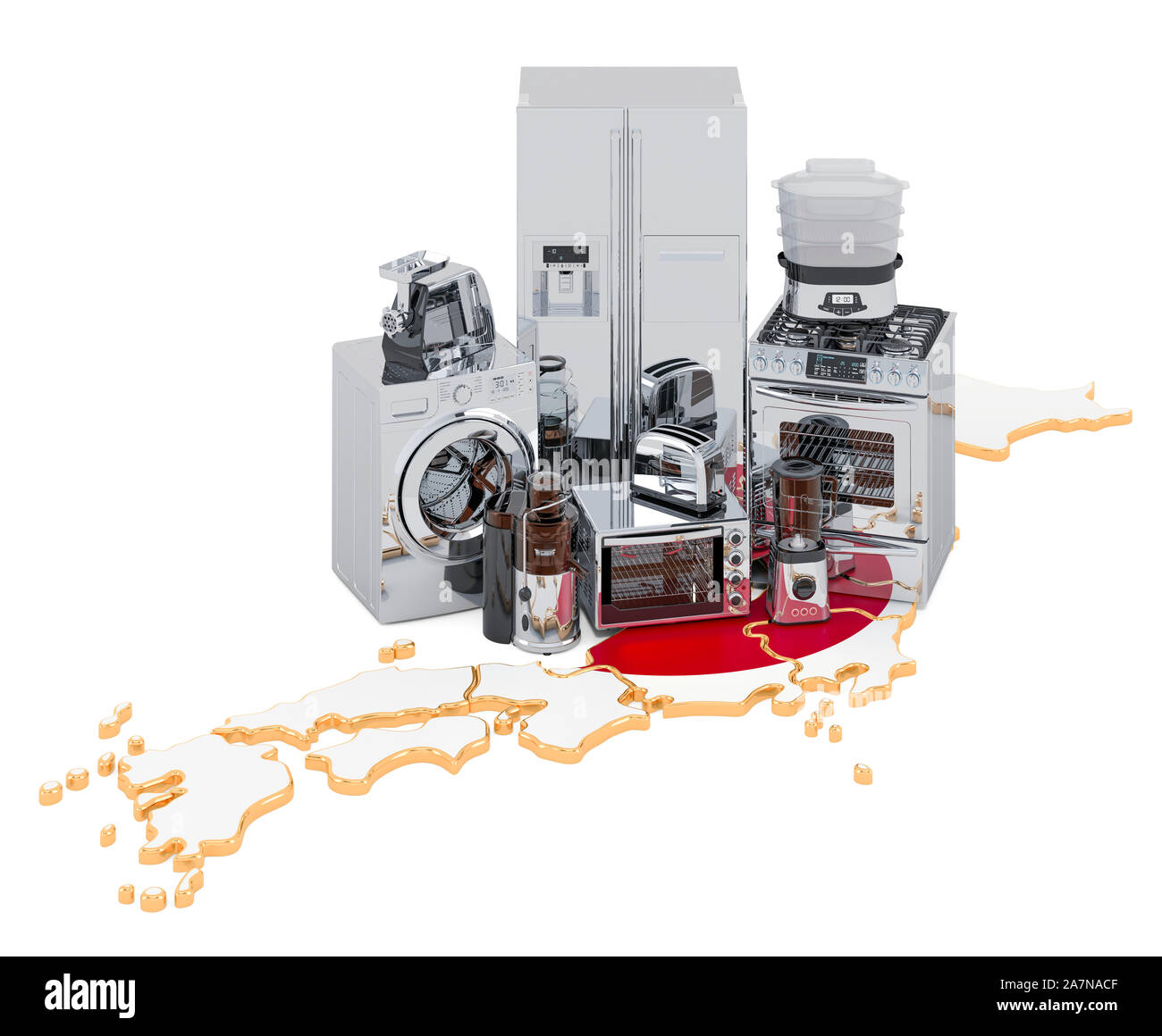 Cucina e elettrodomestico sulla mappa del Giappone. Produzione, dello shopping e del concetto di consegna. 3D rendering isolati su sfondo bianco Foto Stock