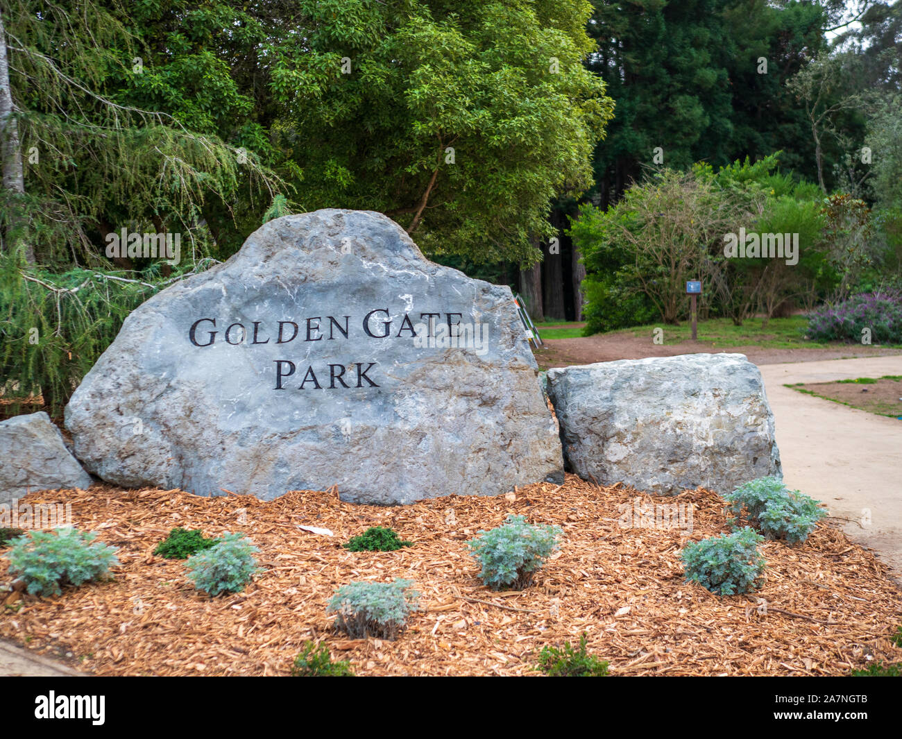 Golden Gate Park entrata segno inciso nella roccia Foto Stock