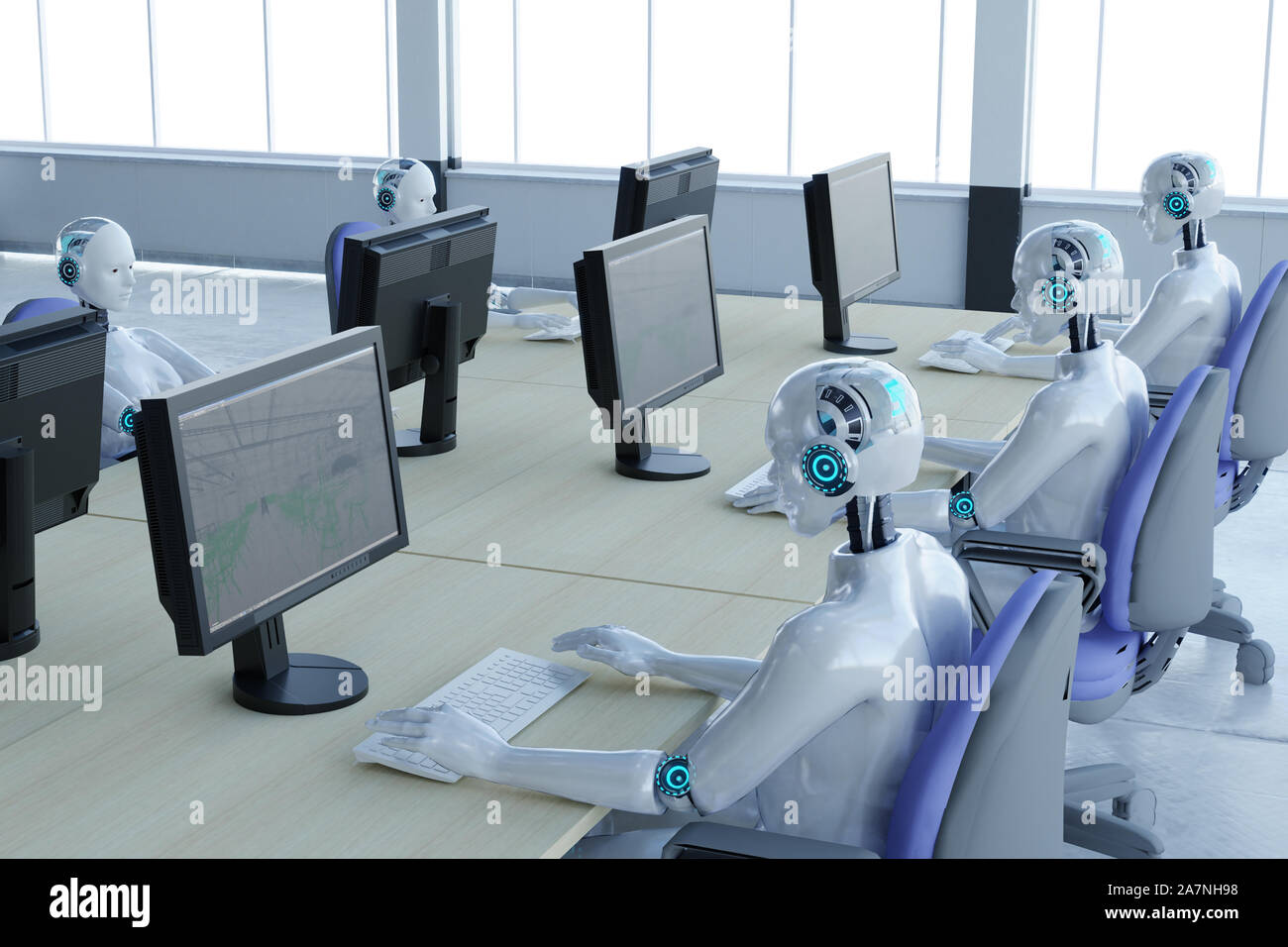 3D rendering robot che lavorano in ufficio con augmented reality display Foto Stock