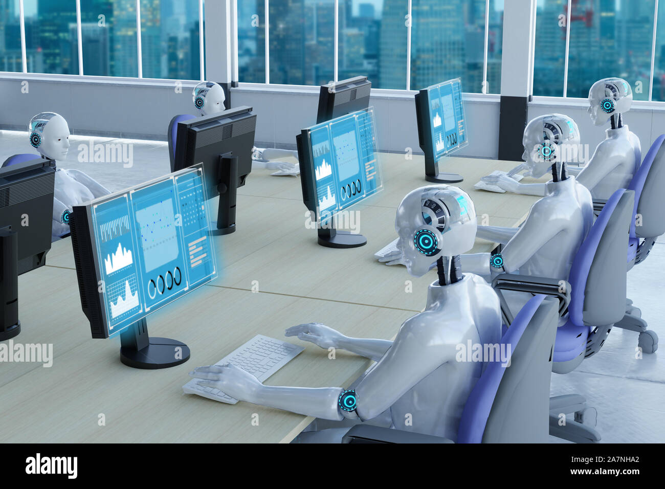 3D rendering robot che lavorano in ufficio con augmented reality display Foto Stock