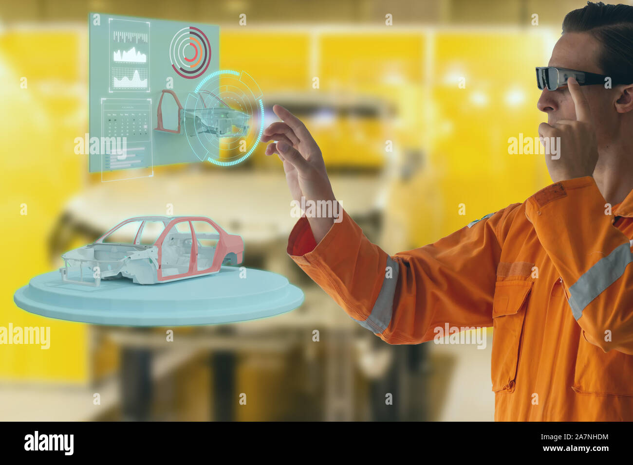 Engineering tenta di utilizzare smart augmented misti di realtà virtuale il concetto di tecnologia in uso con intelligenza artificiale per Visualizza interfaccia utente ux Foto Stock