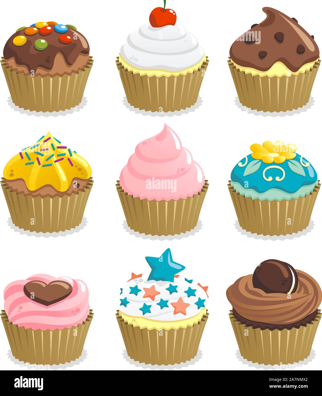 Tortina Cup cake icon set, con nove tortine con diversi topping illustrazione vettoriale. Illustrazione Vettoriale