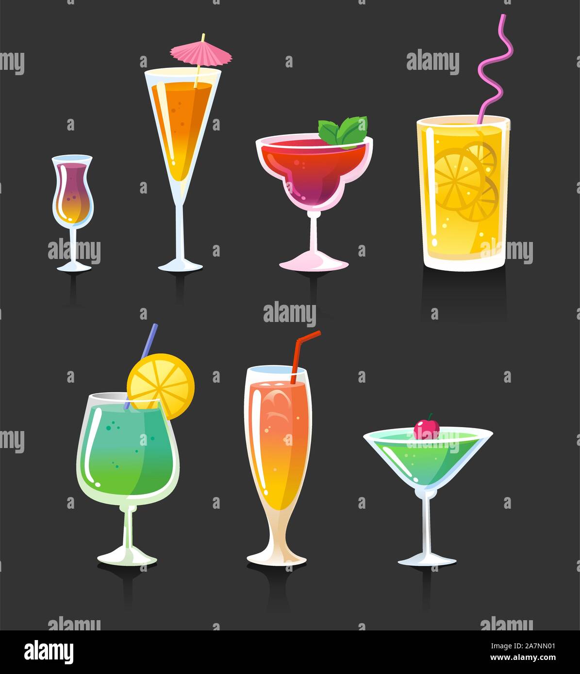 Bere bevande cocktail bicchieri di alcool, illustrazione vettoriale cartoon. Illustrazione Vettoriale
