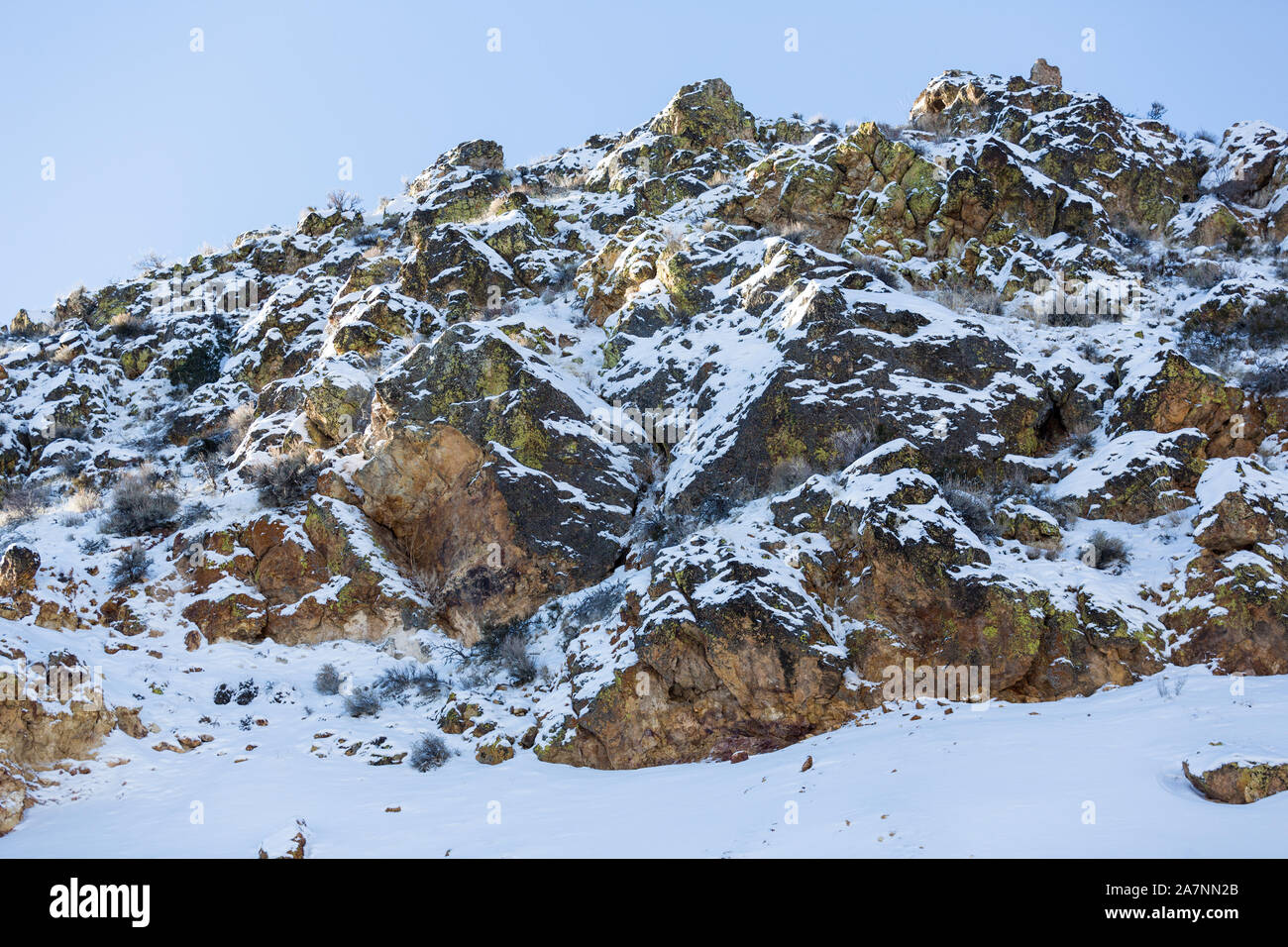 Coperta di neve riccamente terra colorata sul pendio di una collina Foto Stock