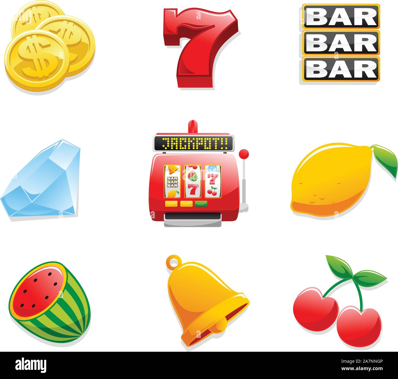 Casino Slot Machine icone, con monete, sette, Bar, Diamante, Jackpot, limone, anguria, Campana e ciliegia. Illustrazione Vettoriale cartoon. Illustrazione Vettoriale