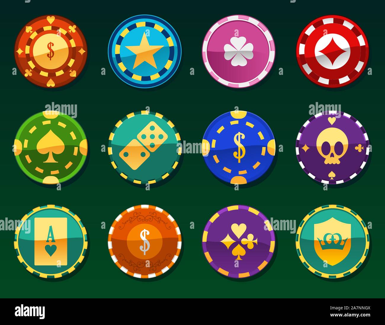 Casino chip Token di argilla valuta il denaro di gioco, con 12 diversi chip di gioco. Illustrazione Vettoriale. Illustrazione Vettoriale