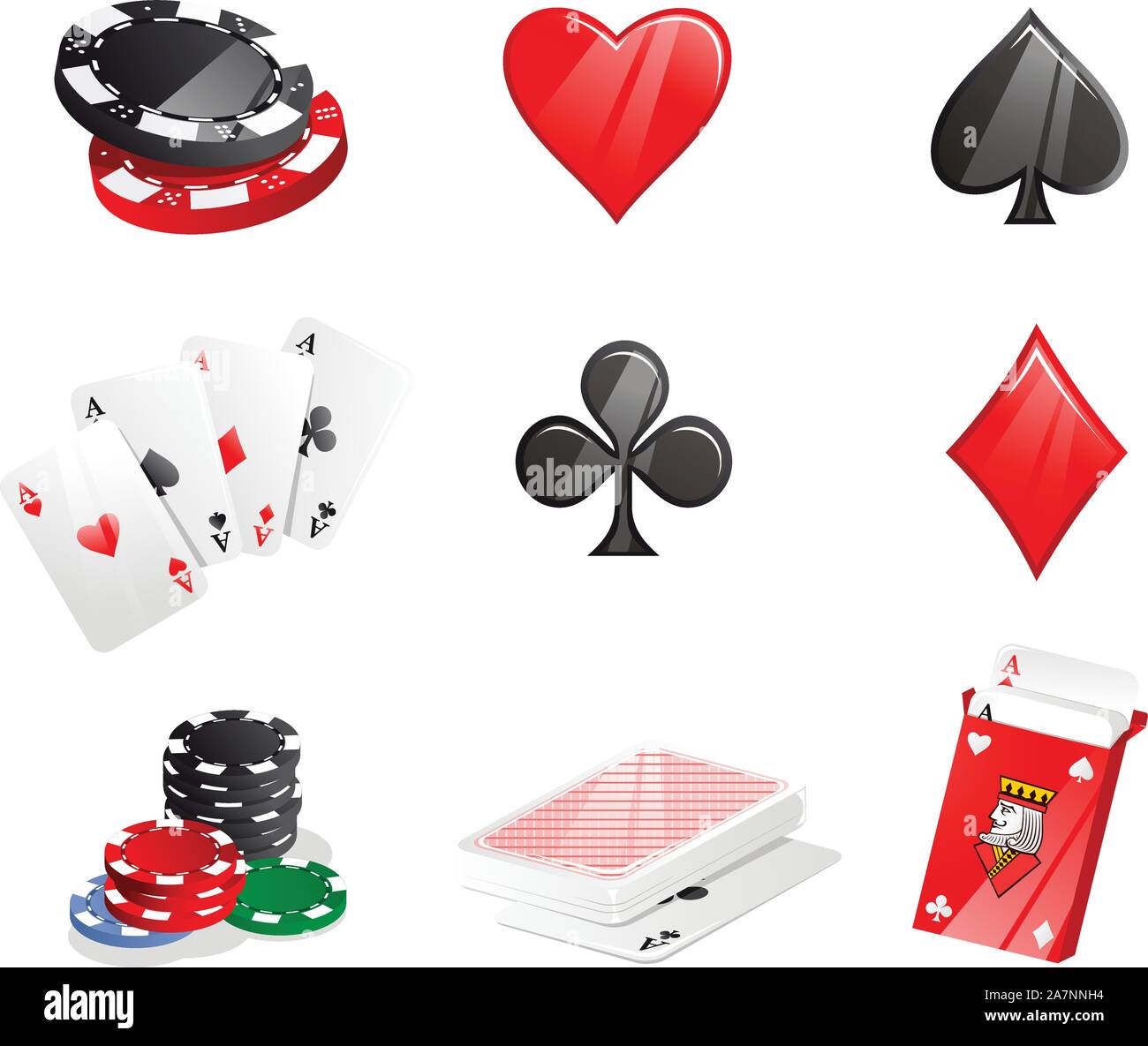 Poker tute le icone di cuore Club Diamond Spade schede chip Poker, illustrazione vettoriale cartoon. Illustrazione Vettoriale