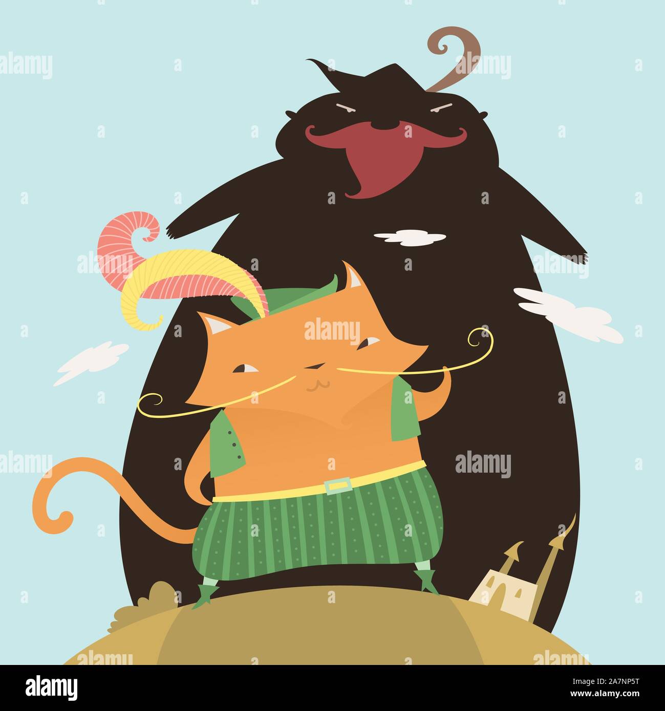 Il gatto con gli stivali con sapiente faccia buffa e spada, con castello  dietro di lui, cappello con piuma, cape, spada, e cinghia illustrazione  vettoriale Immagine e Vettoriale - Alamy