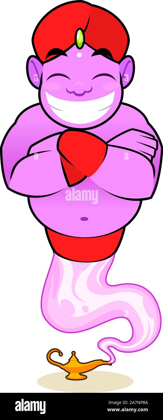 Viola Cartoon genie sorridente pronto a concedere qualsiasi desiderio. Illustrazione Vettoriale