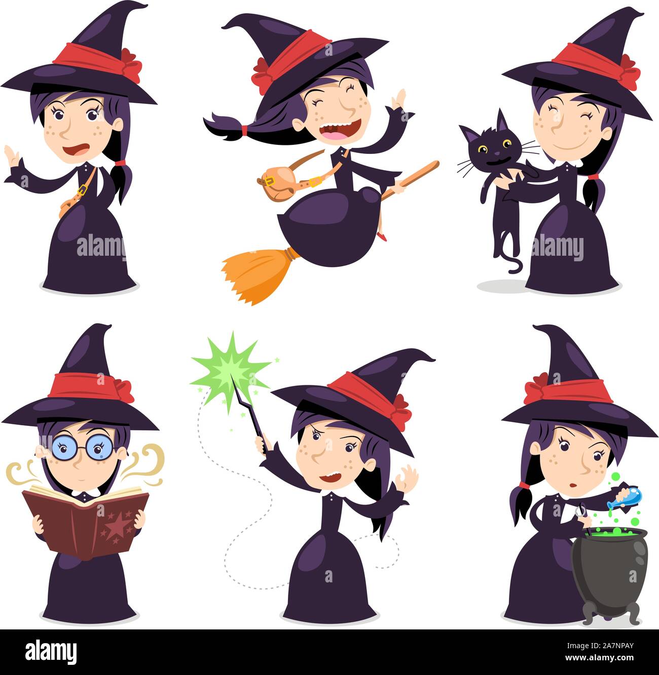 Set strega con la strega che indossa un abito nero con una strega hat, volare sulla scopa con la strega gatto nero, con strega libro, con la bacchetta magica e con magic po Illustrazione Vettoriale