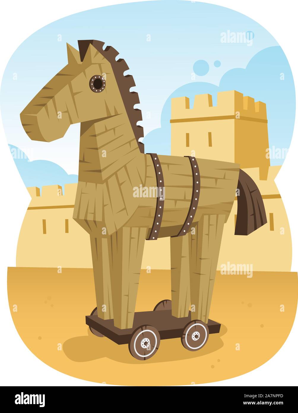 Cavallo di Troia Cavallo di legno Antica Grecia animale guerra di Troia, illustrazione vettoriale cartoon. Illustrazione Vettoriale