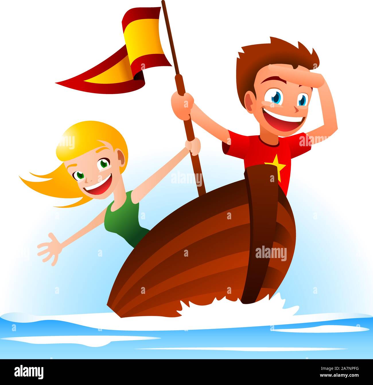 Un ragazzo e una ragazza la vela lontano, in cerca di avventura. Illustrazione Vettoriale