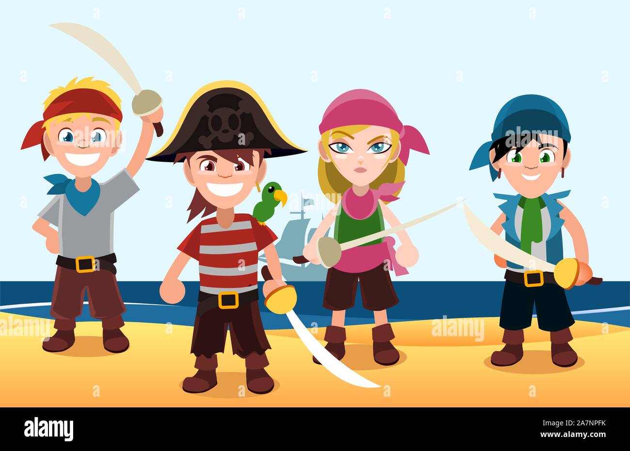Quattro ragazzi pirata con spade e pirata scialli sulla spiaggia. Con  sabbia e acqua, luna illustrazione vettoriale Immagine e Vettoriale - Alamy