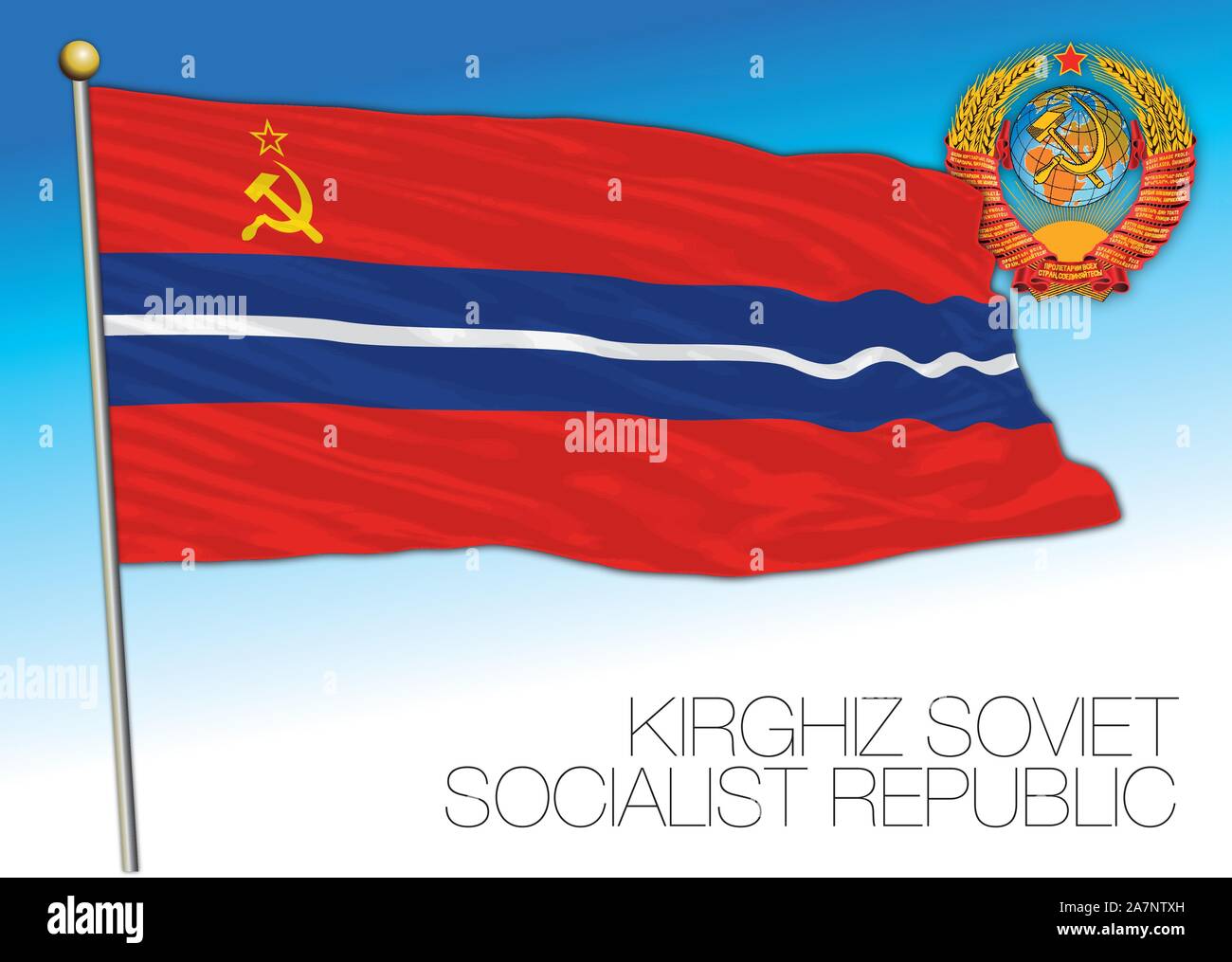 Kirghiz storica bandiera con l Unione Sovietica stemma, illustrazione vettoriale, Kirghizistan Illustrazione Vettoriale