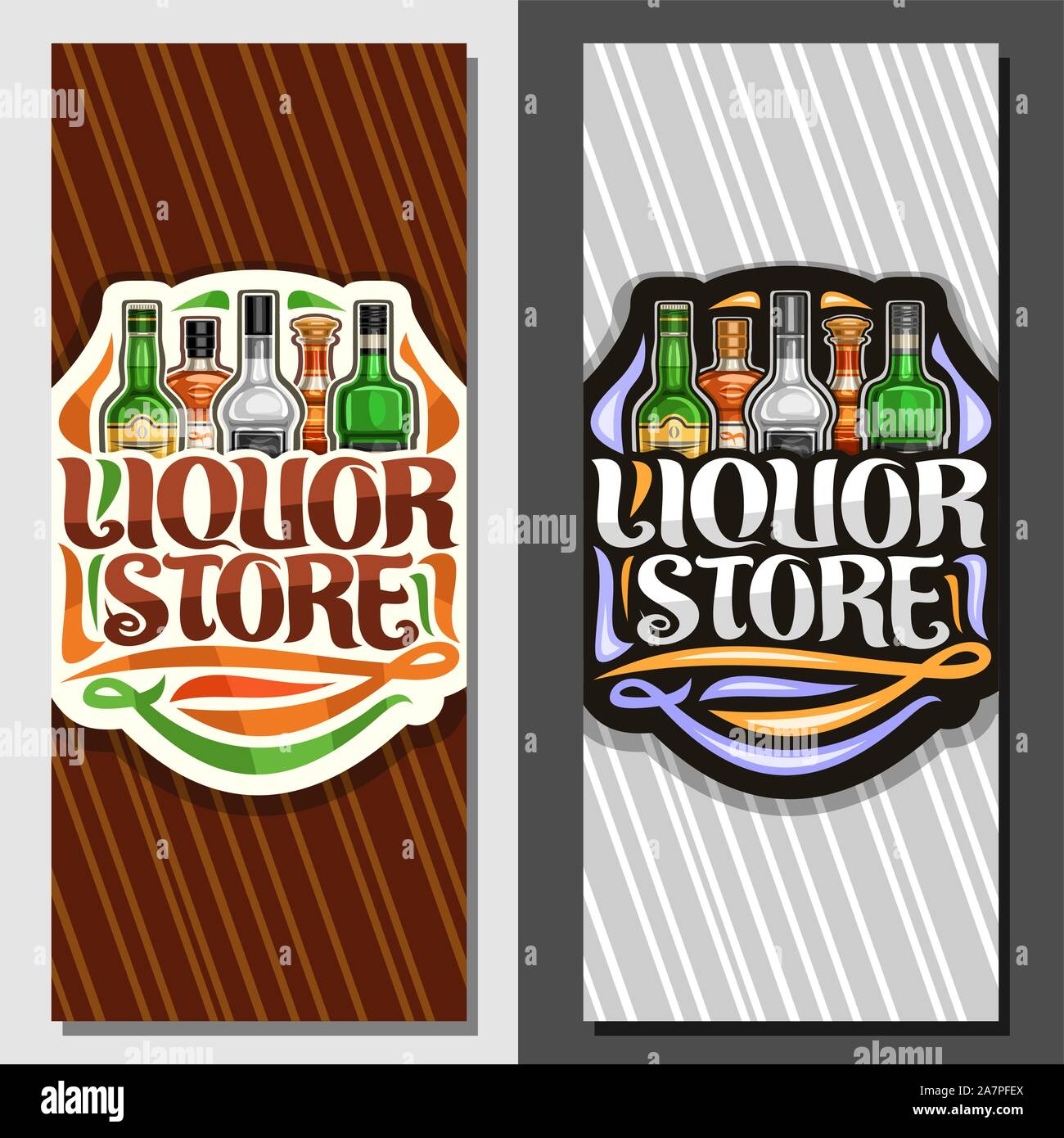 Banner di vettore per il negozio di liquori, modello di foglio illustrativo per il dipartimento di ipermercato con 5 diverse bottiglie di alcol duro o bevande distillate, letterin Illustrazione Vettoriale