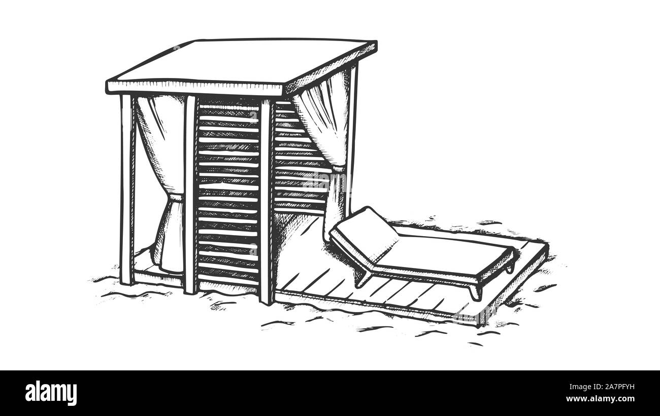 Sedia a sdraio e tettoia in legno sulla spiaggia vettore inchiostro Illustrazione Vettoriale