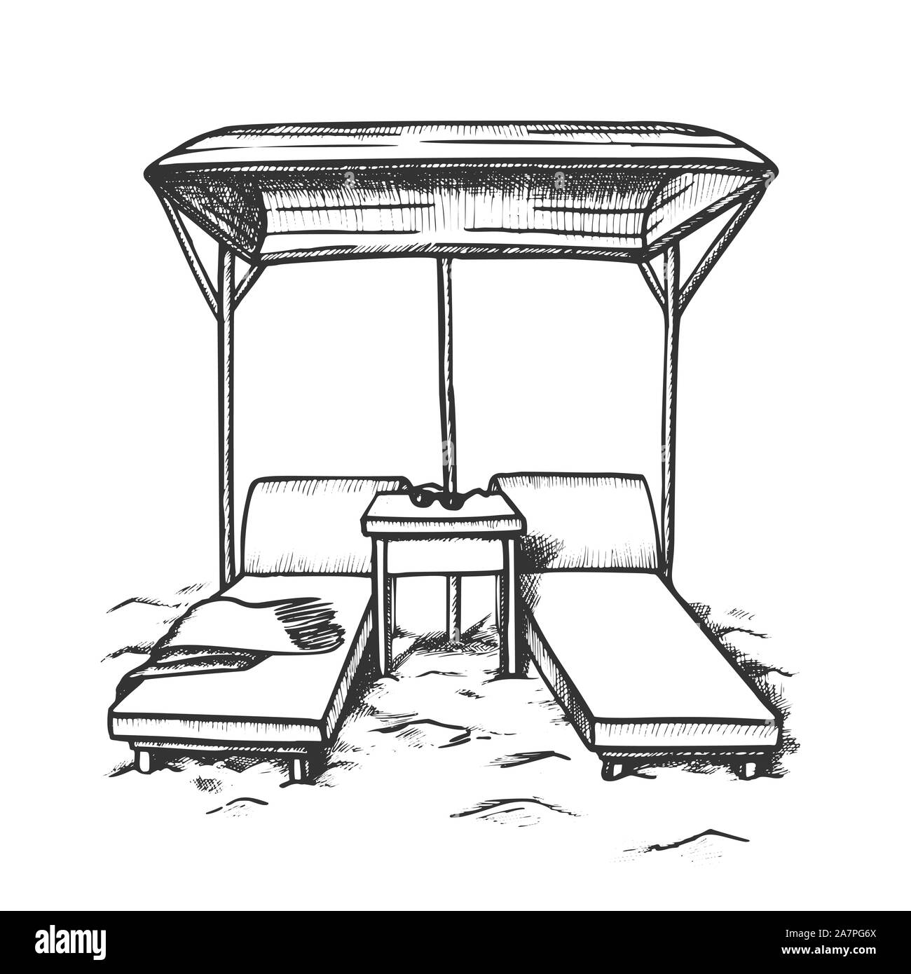 Sedie a sdraio sotto la tettoia sulla spiaggia vettore rétro Illustrazione Vettoriale
