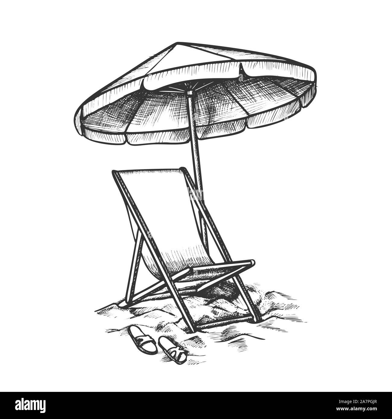 Sedia a sdraio con ombrellone e pantofole vettore inchiostro Illustrazione Vettoriale