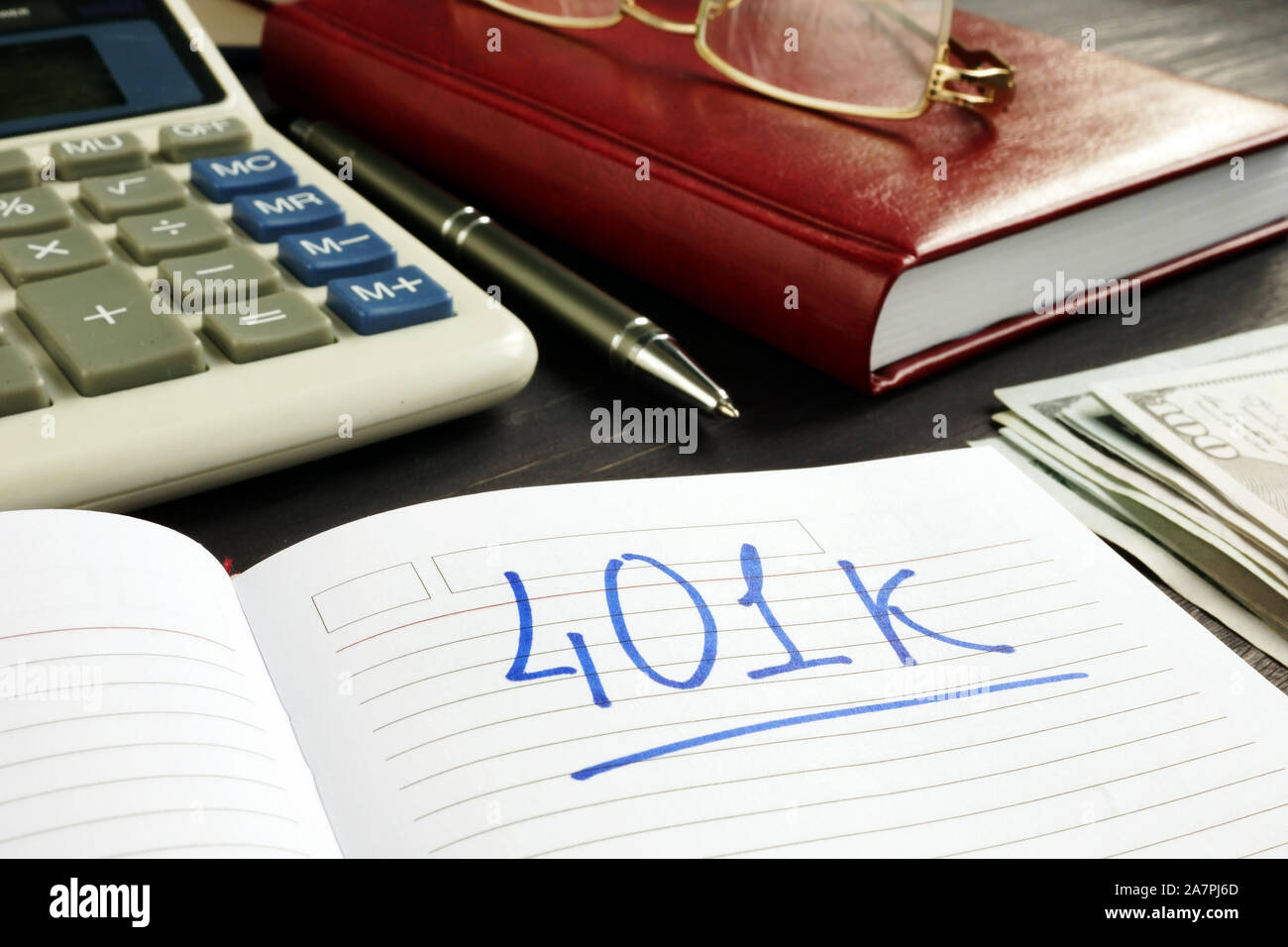 401k piano di pensionamento nel notebook e calcolatrice. Foto Stock