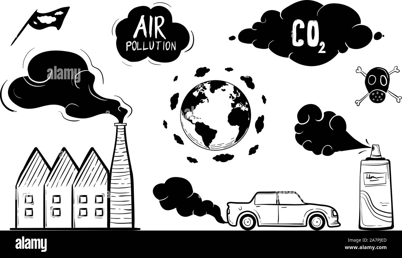 Inquinamento atmosferico Icon Set disegnati a mano illustrazione vettoriale Illustrazione Vettoriale